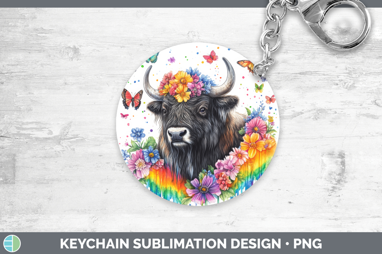 Musk Ox Keychain Woodland Rainbow Splash Sublimation Keyring
