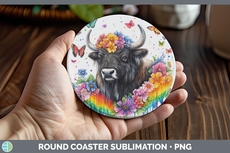 Musk Ox Round Coaster Woodland Rainbow Splash Sublimation Co