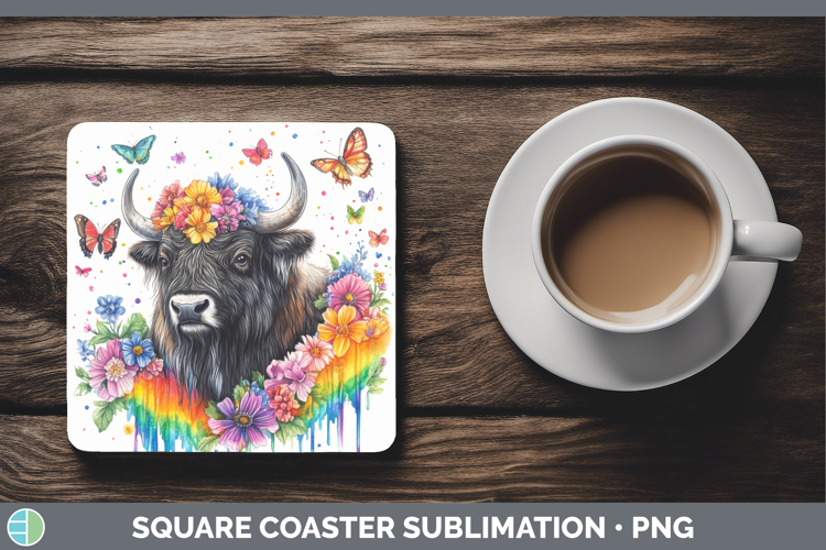 Musk Ox Square Coaster Woodland Rainbow Splash Sublimation C