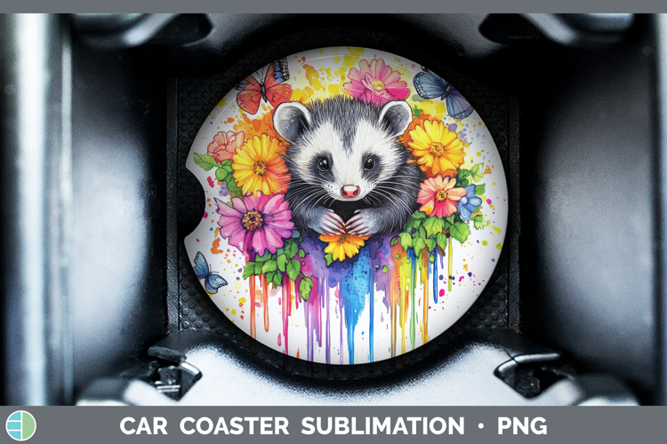 Opossum Car Coaster Woodland Rainbow Splash Sublimation Des