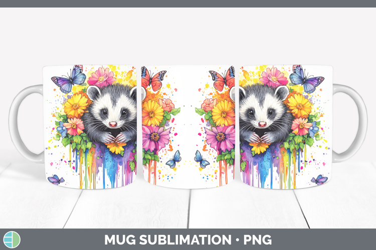 Opossum Mug Wrap Woodland Rainbow Splash Sublimation Coffee
