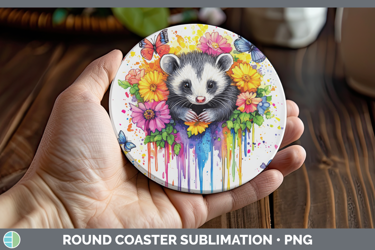 Opossum Round Coaster Woodland Rainbow Splash Sublimation Co