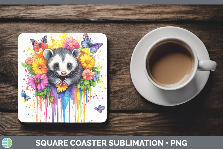 Opossum Square Coaster Woodland Rainbow Splash Sublimation C