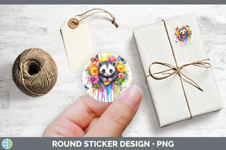 Woodland Rainbow Splash Opossum Stickers | Round Labels Desi