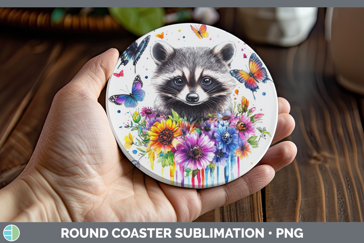 Raccoon Round Coaster Woodland Rainbow Splash Sublimation Co