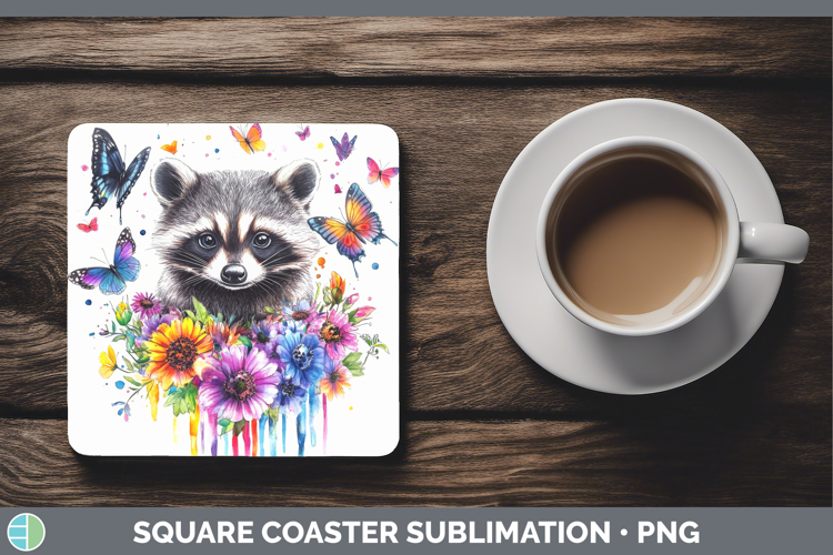 Raccoon Square Coaster Woodland Rainbow Splash Sublimation C