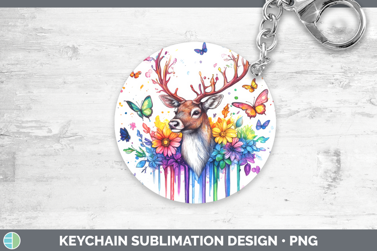 Reindeer Keychain Woodland Rainbow Splash Sublimation Keyrin