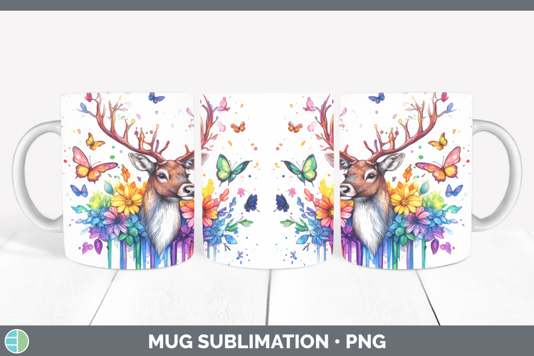 Reindeer Mug Wrap Woodland Rainbow Splash Sublimation Coffee