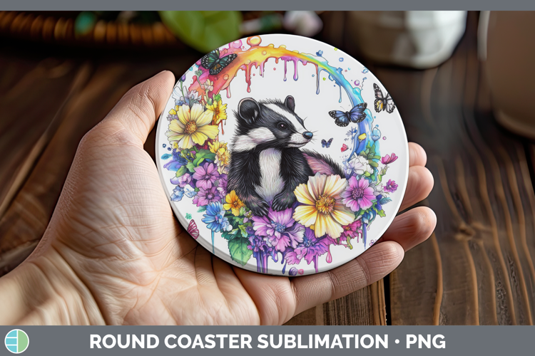Skunk Round Coaster Woodland Rainbow Splash Sublimation Coas