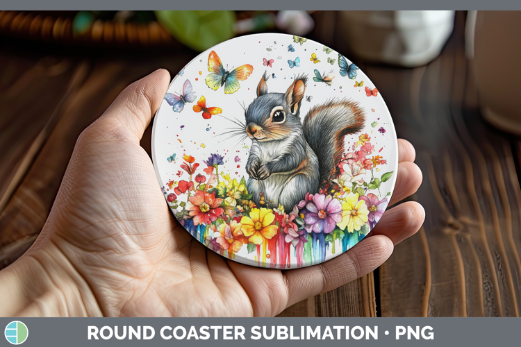 Squirrel Round Coaster Woodland Rainbow Splash Sublimation C