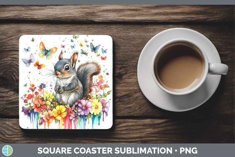 Squirrel Square Coaster Woodland Rainbow Splash Sublimation