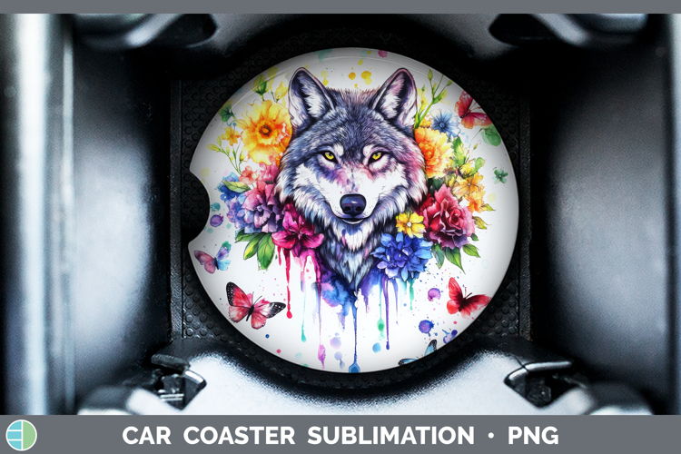Wolf Car Coaster Woodland Rainbow Splash Sublimation Design