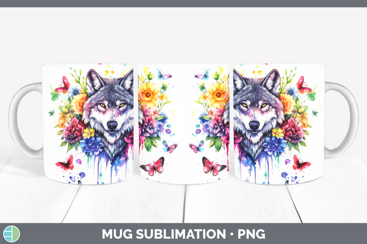 Wolf Mug Wrap Woodland Rainbow Splash Sublimation Coffee Cup