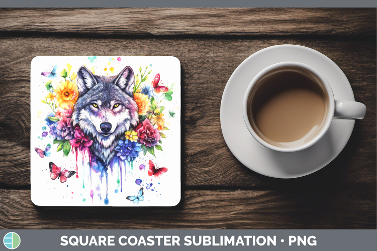Wolf Square Coaster Woodland Rainbow Splash Sublimation Coas