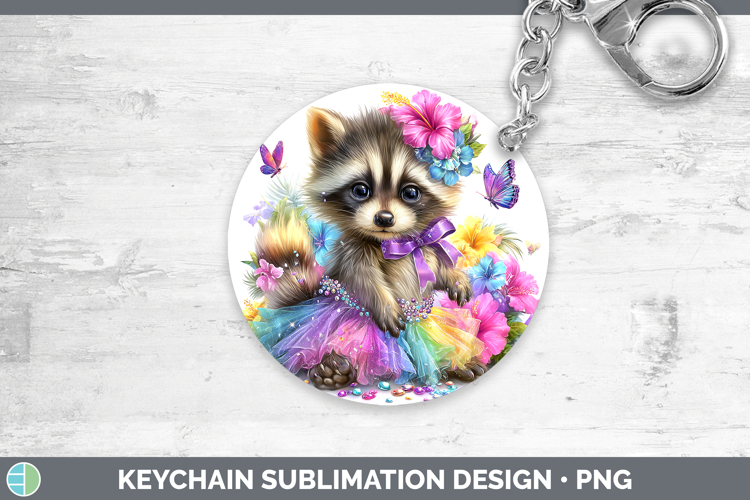 Woodland Rainbow Summer Raccoon Keychain Sublimation Keyring
