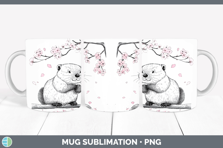 Woodland Sakura Beaver Mug Wrap Sublimation Coffee Cup Desig