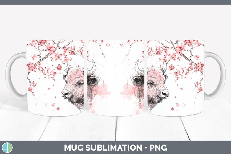 Woodland Sakura Bison Mug Wrap Sublimation Coffee Cup Design