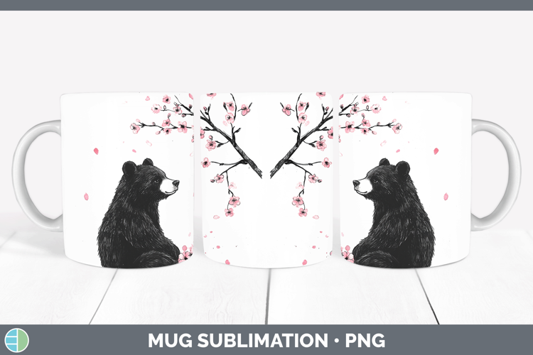 Woodland Sakura Black Bear Mug Wrap Sublimation Coffee Cup D