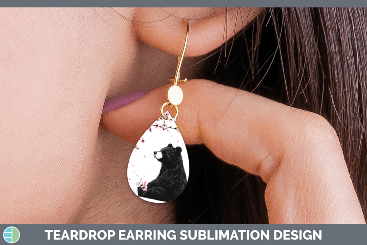 Woodland Sakura Black Bear Teardrop Earrings Sublimation Ear
