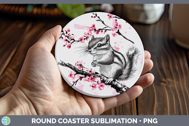Woodland Sakura Chipmunk Round Coaster Sublimation Coaster D