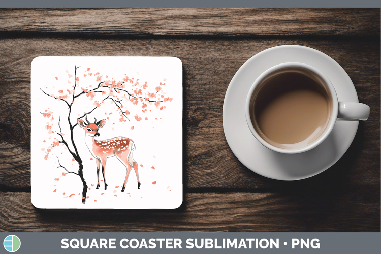 Woodland Sakura Deer Square Coaster Sublimation Coaster Desi