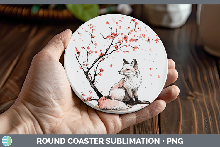 Woodland Sakura Fox Round Coaster Sublimation Coaster Design