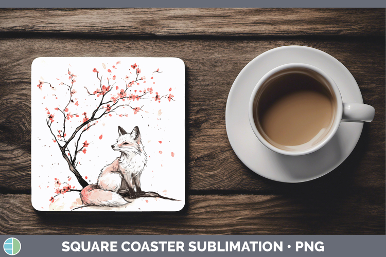Woodland Sakura Fox Square Coaster Sublimation Coaster Desig