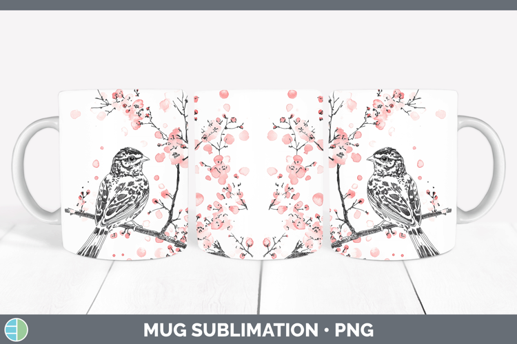 Woodland Sakura Grouse Mug Wrap Sublimation Coffee Cup Desig