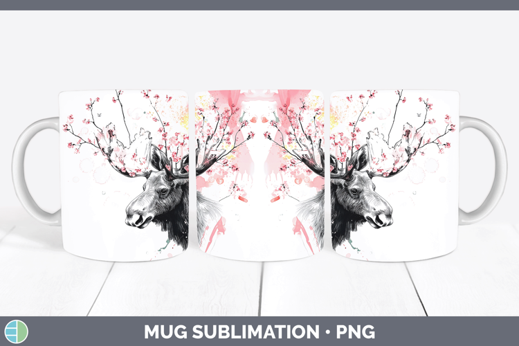 Woodland Sakura Moose Mug Wrap Sublimation Coffee Cup Design