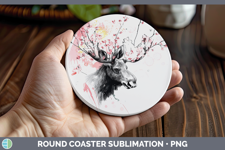 Woodland Sakura Moose Round Coaster Sublimation Coaster Desi