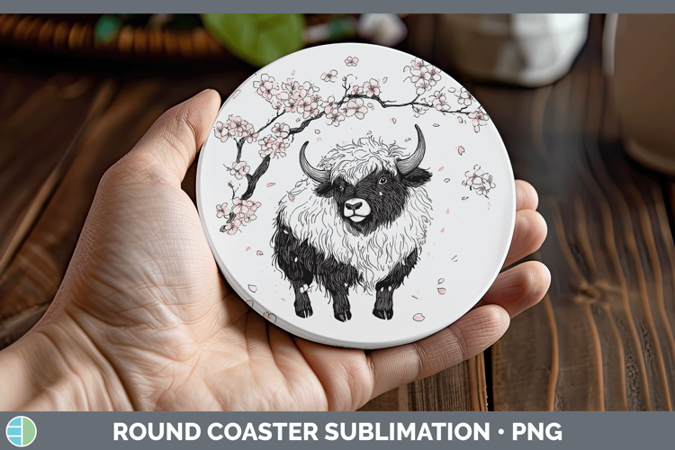Woodland Sakura Musk Ox Round Coaster Sublimation Coaster De