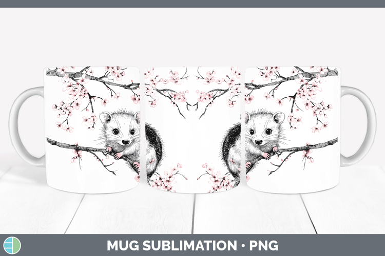 Woodland Sakura Opossum Mug Wrap Sublimation Coffee Cup Desi