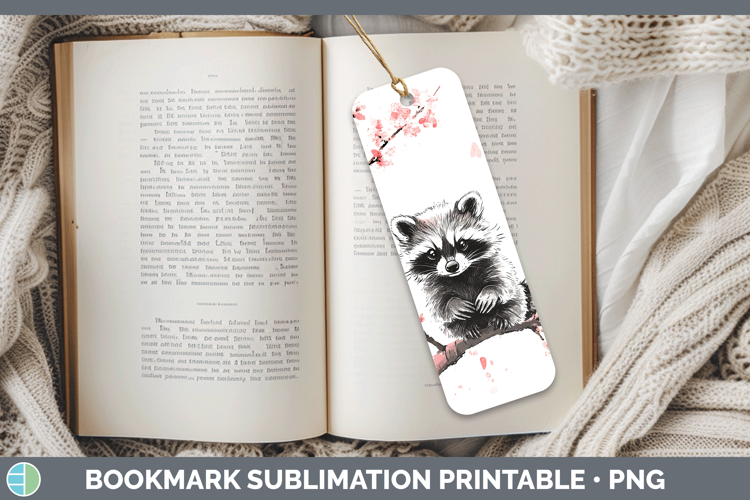 Woodland Sakura Raccoon Bookmark Sublimation Printable Desig