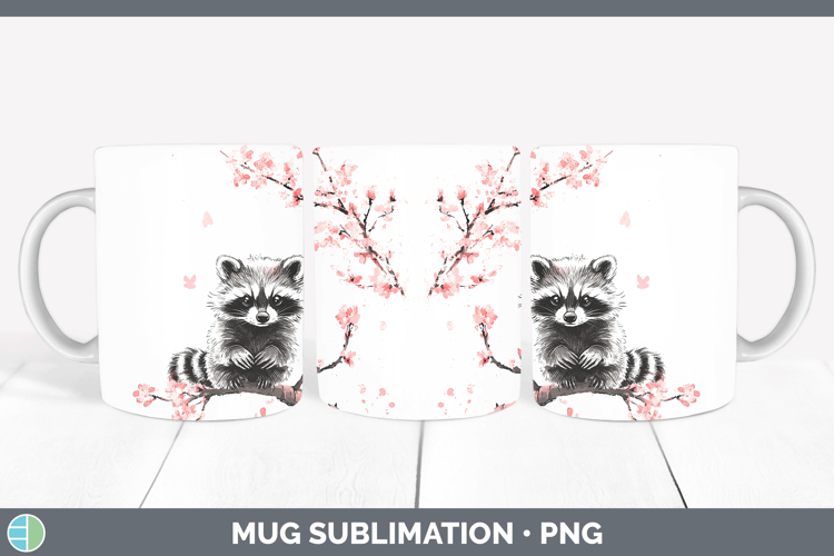 Woodland Sakura Raccoon Mug Wrap Sublimation Coffee Cup Desi
