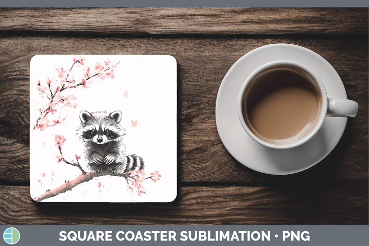 Woodland Sakura Raccoon Square Coaster Sublimation Coaster D