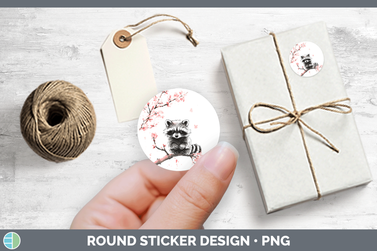 Woodland Sakura Raccoon Stickers | Round Labels Designs
