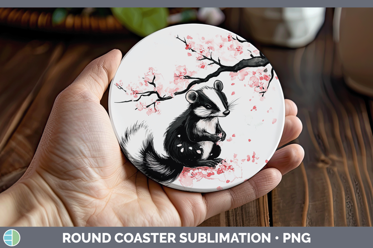 Woodland Sakura Skunk Round Coaster Sublimation Coaster Desi