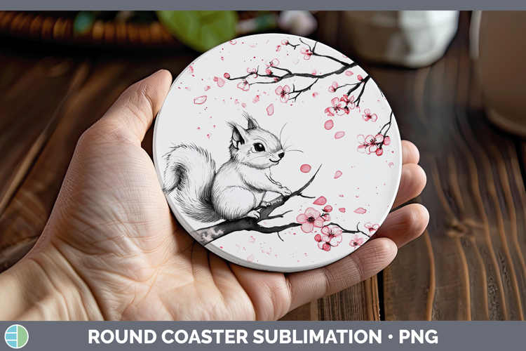 Woodland Sakura Squirrel Round Coaster Sublimation Coaster D
