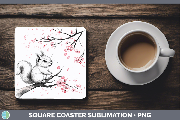 Woodland Sakura Squirrel Square Coaster Sublimation Coaster