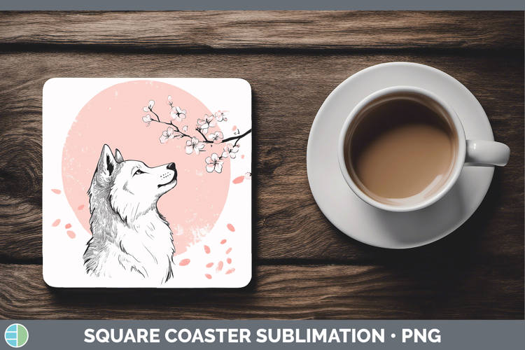 Woodland Sakura Wolf Square Coaster Sublimation Coaster Desi
