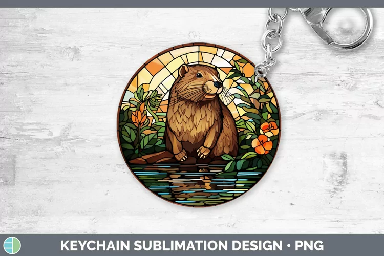 Woodland Stained Glass Beaver Keychain Sublimation Keyring D