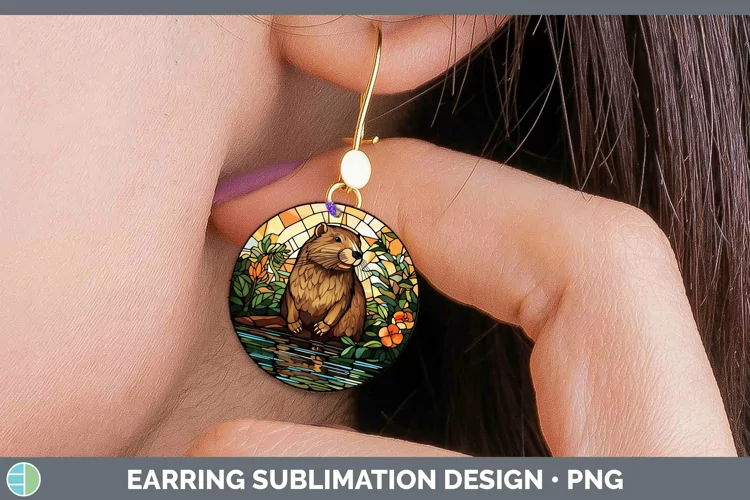 Woodland Stained Glass Beaver Round Earrings Sublimation Ear