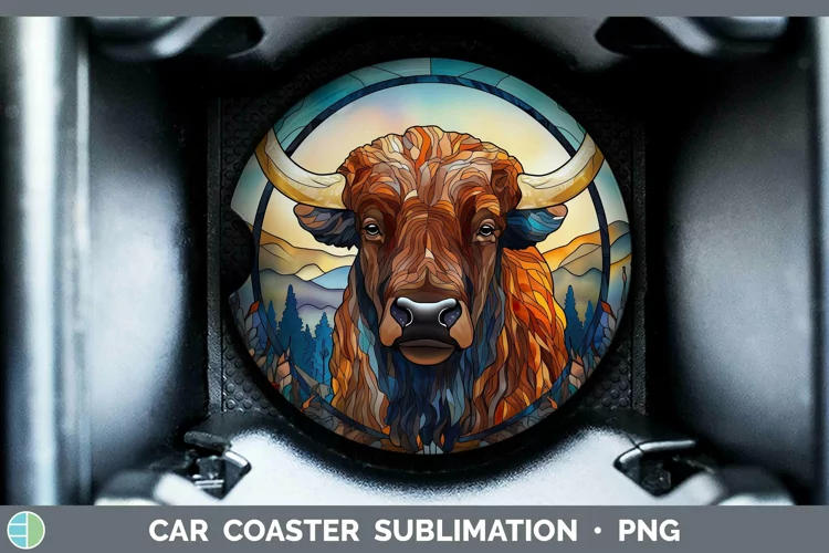 Woodland Stained Glass Bison Car Coaster Sublimation Coaster