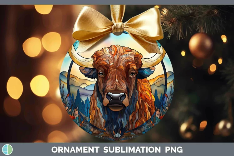 Woodland Stained Glass Bison Ornament Sublimation Bauble Des