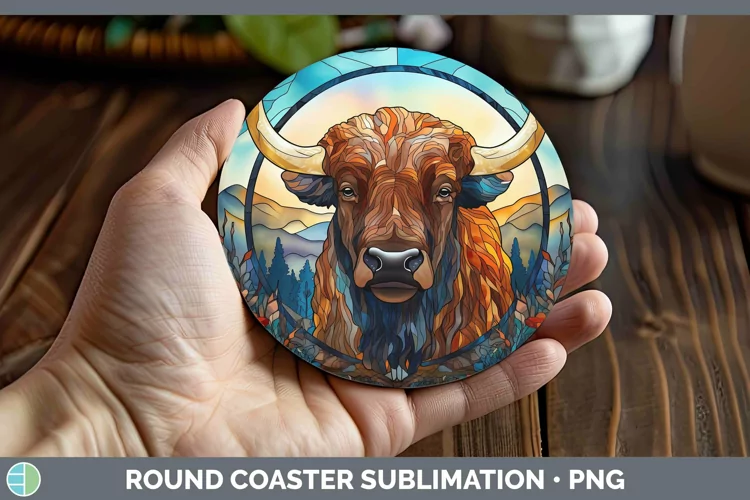 Woodland Stained Glass Bison Round Coaster Sublimation Coast