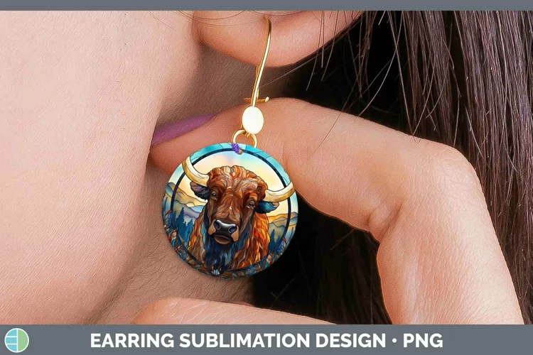Woodland Stained Glass Bison Round Earrings Sublimation Earr