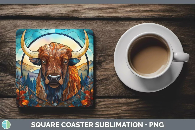 Woodland Stained Glass Bison Square Coaster Sublimation Coas
