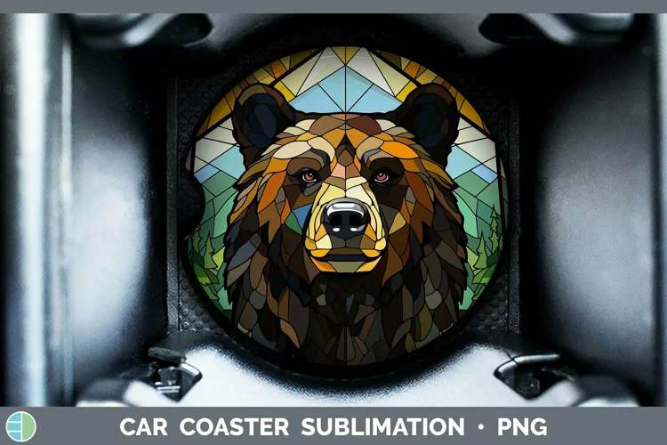 Woodland Stained Glass Black Bear Car Coaster Sublimation Co