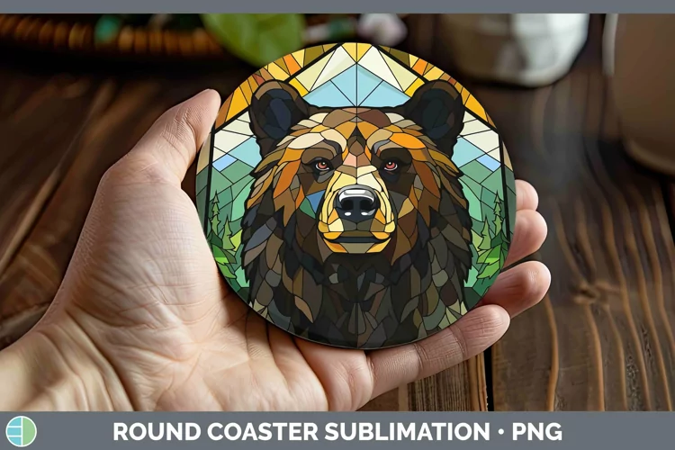 Woodland Stained Glass Black Bear Round Coaster Sublimation