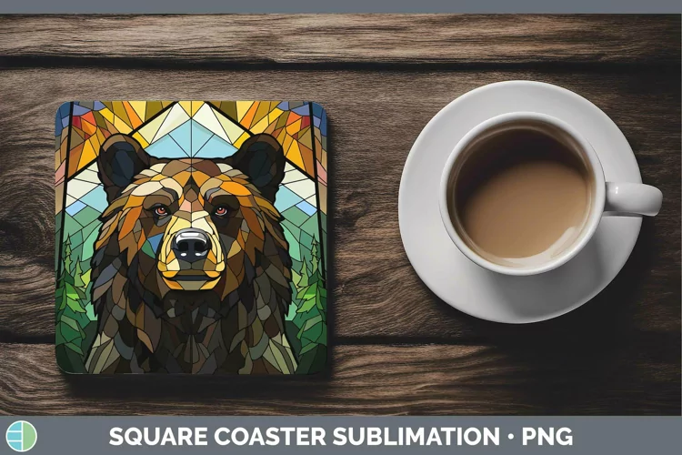 Woodland Stained Glass Black Bear Square Coaster Sublimation